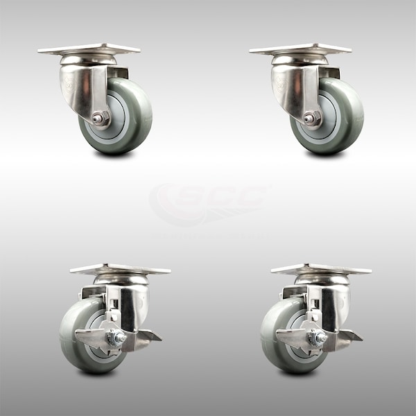 3 Inch 316SS Gray Polyurethane Wheel Swivel Top Plate Caster Brakes SCC, 2PK